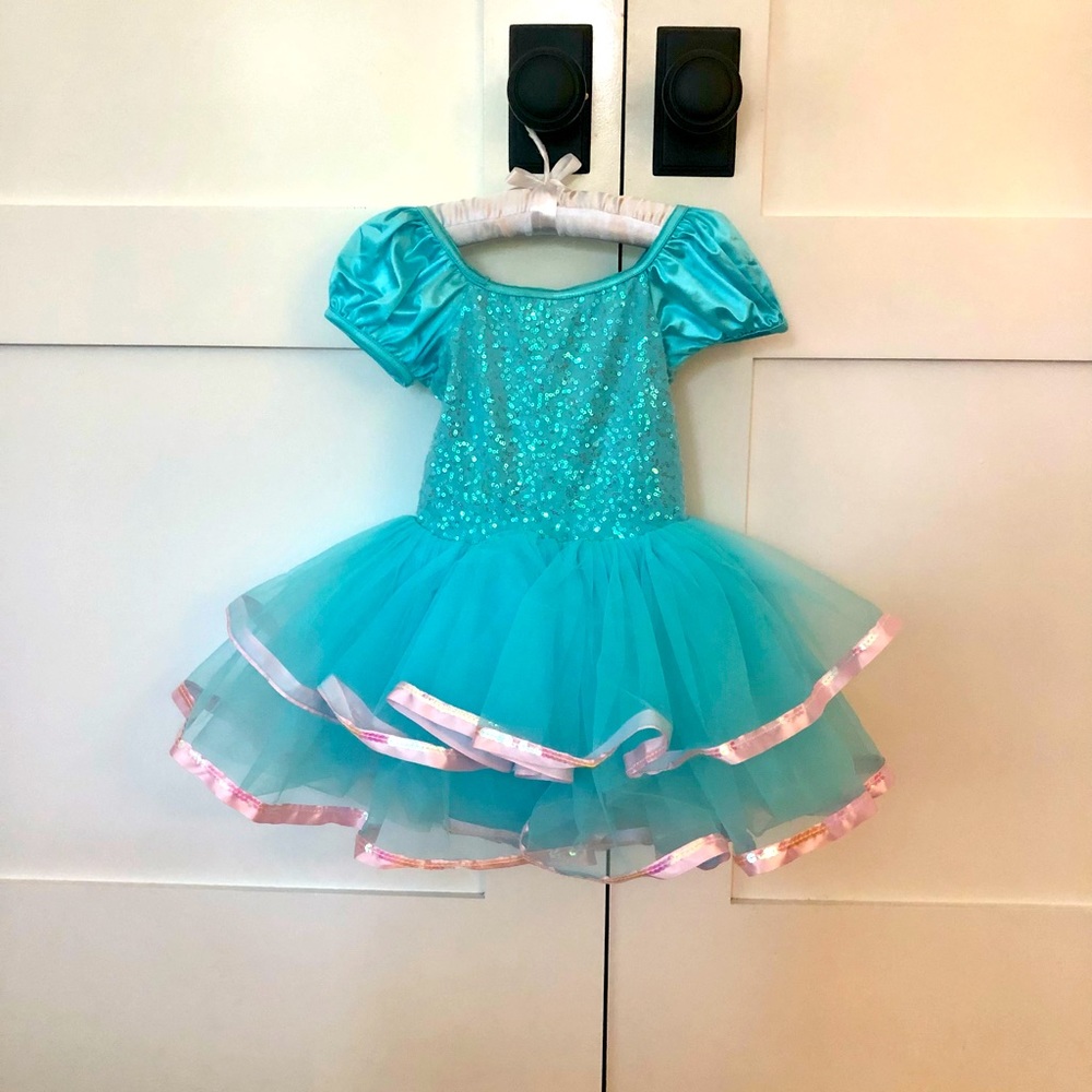 Custom turquoise and pink sequined costume